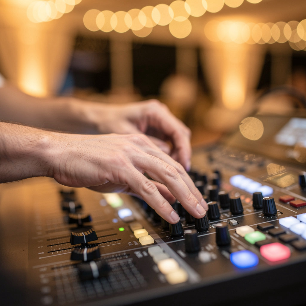 Lauren Kendle Event Production team setting up professional lighting and staging for an event in Santa Barbara, California